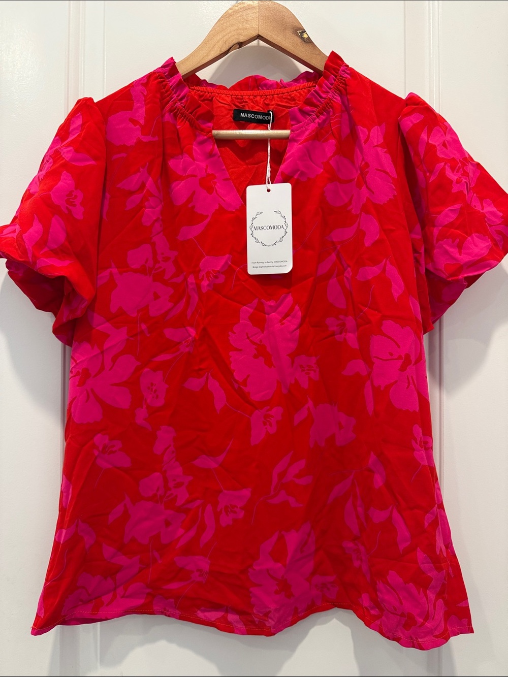 Red Floral Short Sleeve V-Neck Blouse